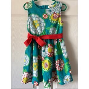 Mini Boden Linen Blend Floral‎ Dress Blue Red Bow 3-4Y Toddler Girls